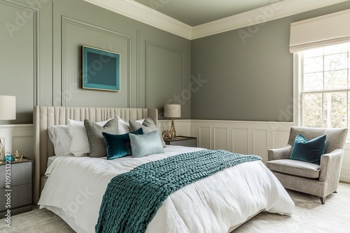 bedroom in a large designer showhouse, the walls are grey-green with wainscoting, light and airy photo, there is a square painting on the wall, the furniture is stylish, generative ai