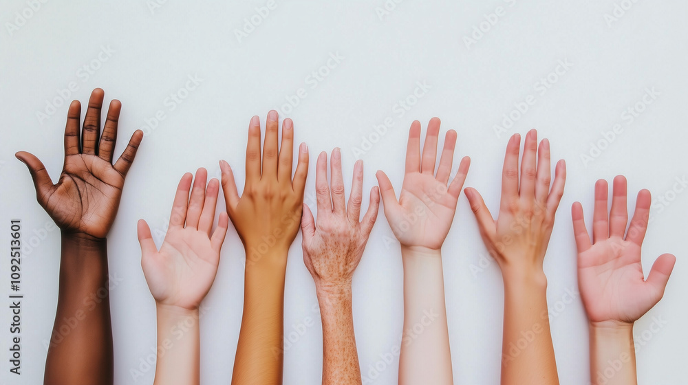 Diverse raised hands against a white background