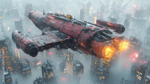 Fototapeta Naklejka Na Ścianę i Meble -  Futuristic Spaceship Flying Over Foggy Cityscape Sci Fi Artwork