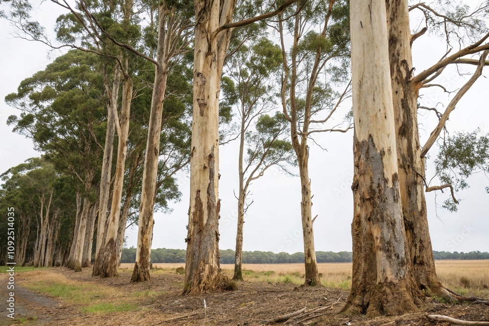 A group of eucalyptus trees standing together in a forest clearing their bark peeling off in different stages of decay, tree group, forest clearing, natural scenery A group of eucalyptus trees standing together in a forest clearing their bark peeling off in different stages of decay, tree group, forest clearing, natural scenery