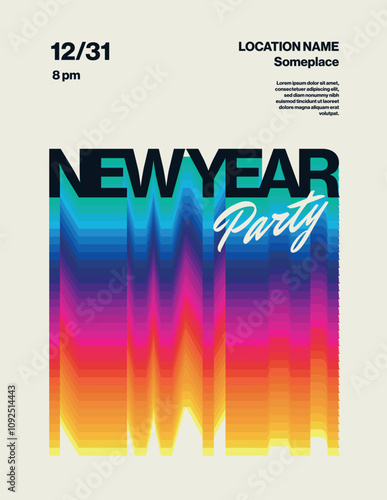 New Year's Eve party poster vector template layout. Seasonal festive event flyer with drinks illustration. Eps10 printable file.