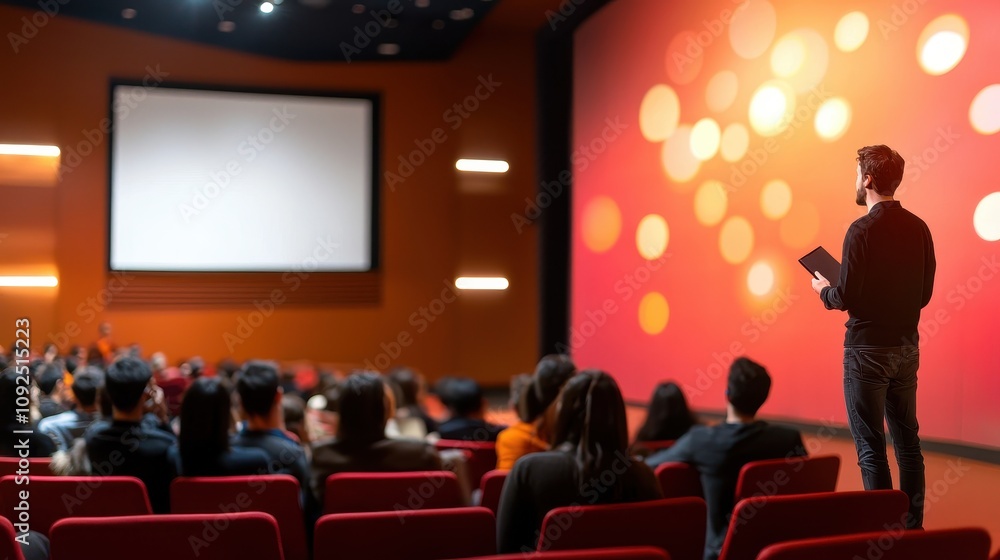 A speaker presents to an audience in a modern theater, with a colorful backdrop and a blank screen for visuals. A speaker presents to an audience in a modern theater, with a colorful backdrop and a blank screen for visuals.