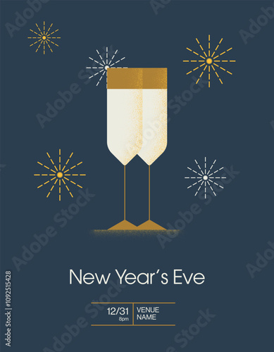 New Year's Eve party poster vector template layout. Seasonal festive event flyer with drinks illustration. Eps10 printable file.