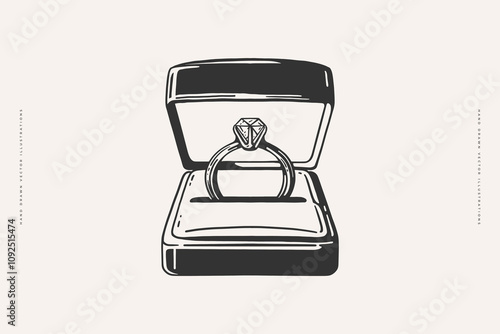 Minimalist hand-drawn vector illustration of an engagement ring in a box, symbolizing love, commitment, and proposal.
