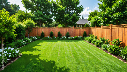 Jardin verdoyant et clôture en bois