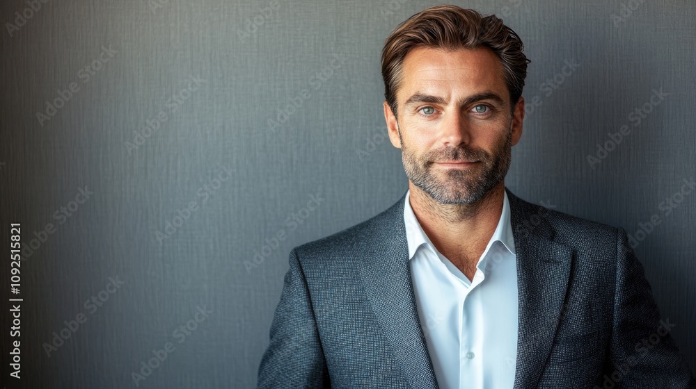 Confident businessman in a tailored suit, smiling against a textured gray background, exuding professionalism and self-assurance. Confident businessman in a tailored suit, smiling against a textured gray background, exuding professionalism and self-assurance.