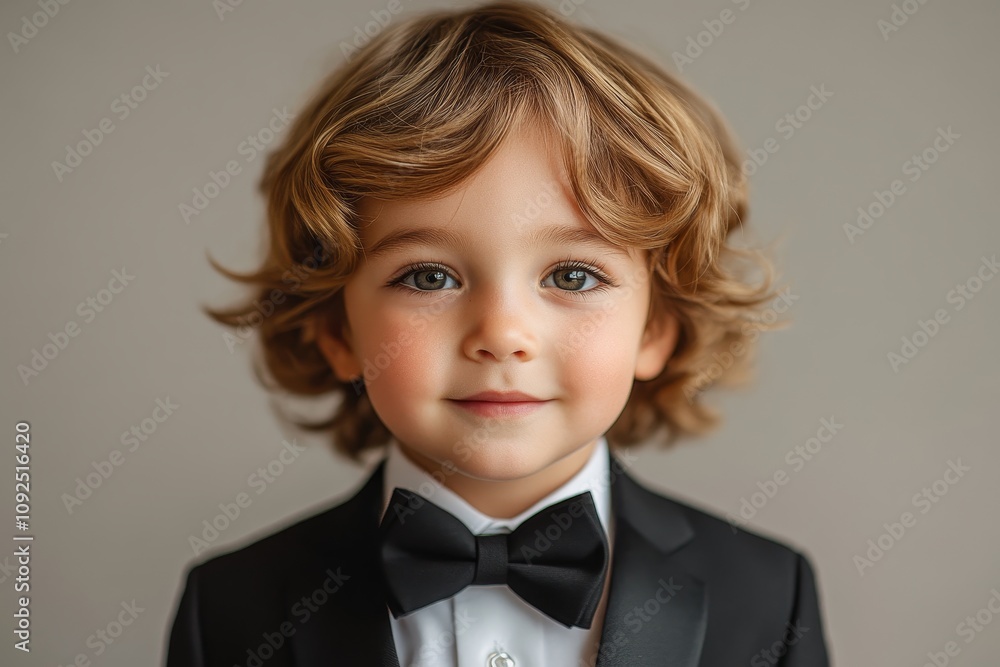 portrait of handsome elegant little boy with curly blond hair in tuxedo on light background portrait of handsome elegant little boy with curly blond hair in tuxedo on light background