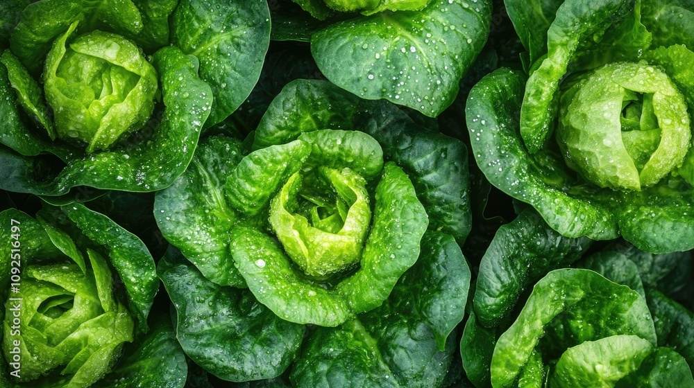 Fototapeta premium Freshly harvested lettuce with droplets highlighting vibrant green leaves, emphasizing organic and healthy vegan vegetable options.