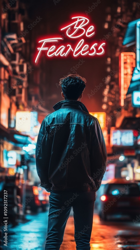 Obraz premium A person stands alone on a bustling urban street at night, surrounded by vibrant neon signs. The atmosphere feels electric, encouraging a sense of bravery and adventure.