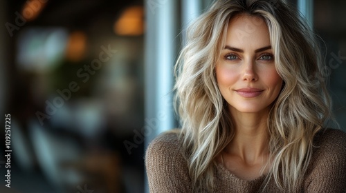 Wallpaper Mural minimalistic portrait of beautiful blonde caucasian woman in beige sweater at home, copy space Torontodigital.ca