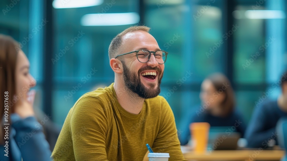 Obraz premium A man with glasses laughs joyfully in a bright, modern workspace, surrounded by others who seem engaged and happy.