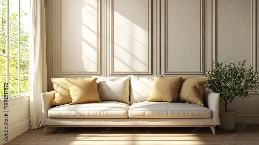 Fototapeta premium Elegant living room showcasing a paneled wall, stylish cream sofa with golden cushions, and a bright window allowing natural light in, complemented by greenery.