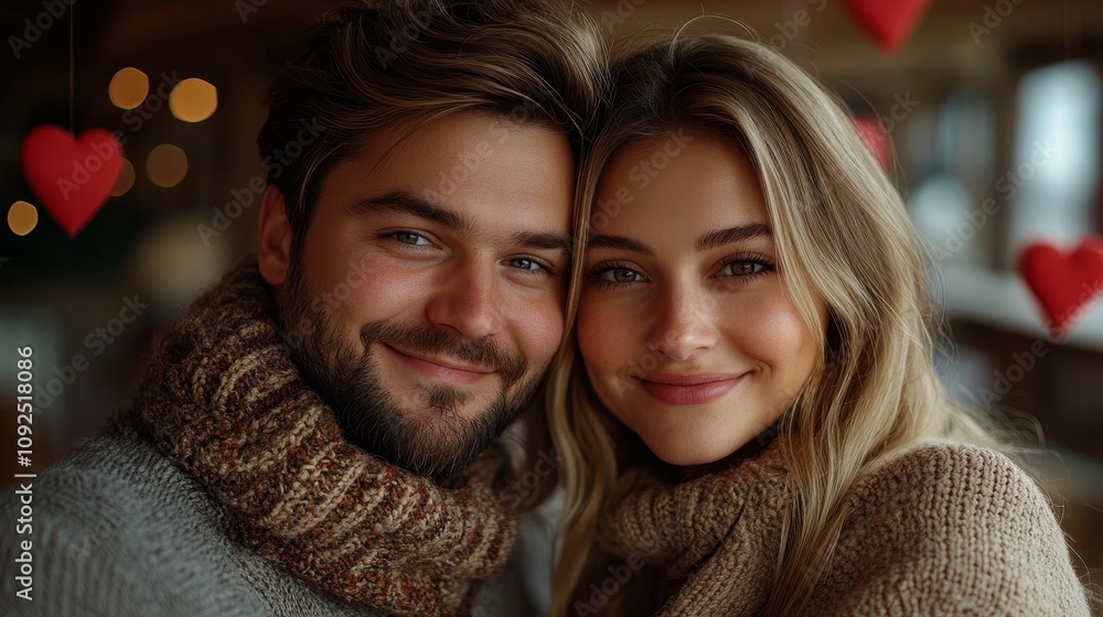 portrait of beautiful man and woman in love, happy couple on background of Valentine hearts portrait of beautiful man and woman in love, happy couple on background of Valentine hearts