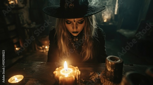 Dark sorceress wearing a black hat conjures magic with a candle, surrounded by a mystical atmosphere filled with flickering lights and shadows.