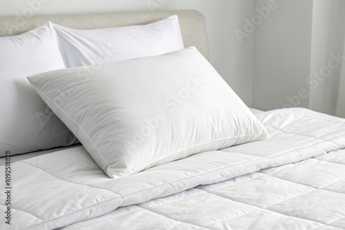 A minimalist setup featuring a single white pillow against a plain white comforter on a low-profile bed, minimalist, plain, bed, pillow