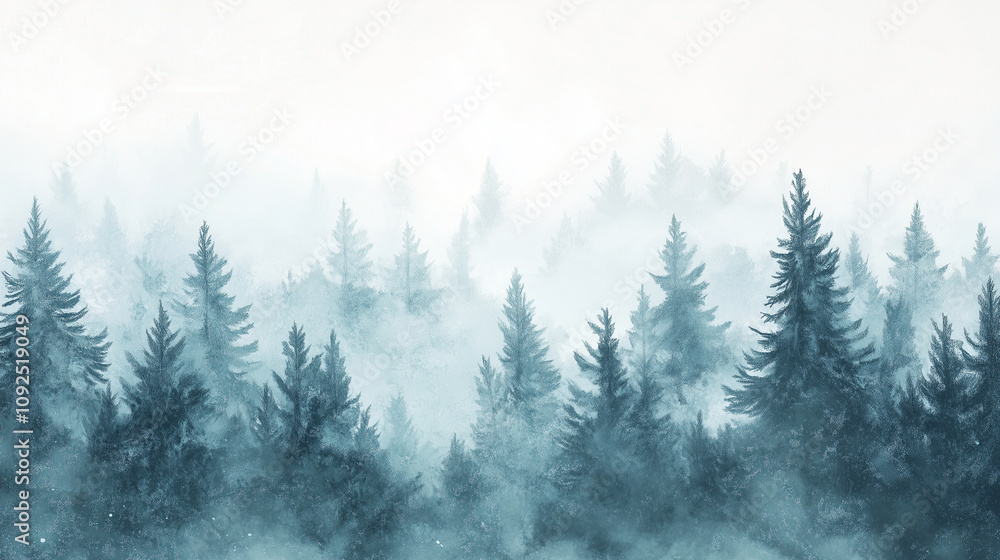 A dense forest of snow-capped fir trees with faint animal tracks in the snow, watercolor style A dense forest of snow-capped fir trees with faint animal tracks in the snow, watercolor style