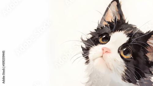A detailed watercolor painting of a tuxedo kitten standing proudly, on a bright white background