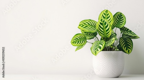 Vibrant Green Lemon Lime Maranta Leuconeura houseplant with striking striped leaves in a textured white pot against a minimalist white background photo