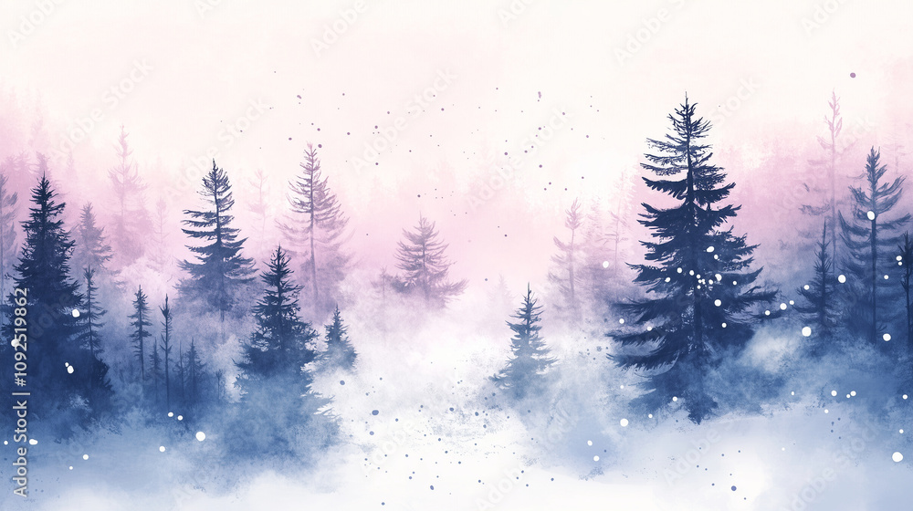 Fototapeta premium A snow-covered forest with mist rolling between the trees, creating an ethereal atmosphere, watercolor style