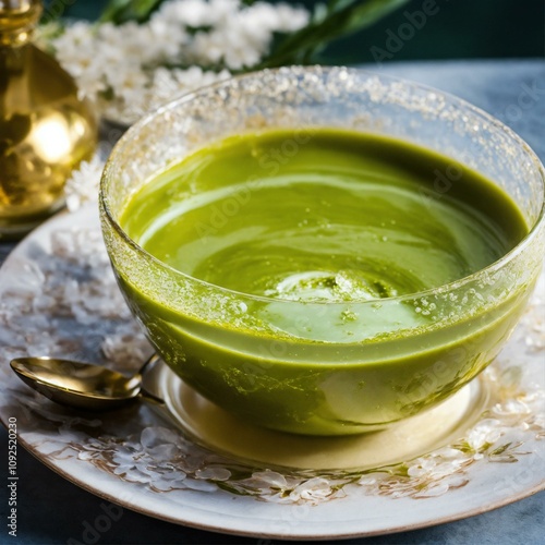 a green soup bowl with a spoon on a plate next to it.