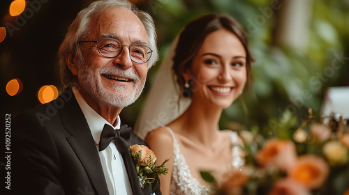 Celebration of love at an elegant wedding reception, featuring a joyful bride and her grandfather in a beautiful setting. Generative AI