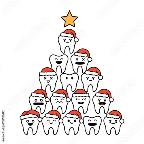 Christmas Tree Made of Cartoon Teeth with Santa Hats Illustration