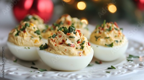 Deviled eggs topped with flavorful muffuletta ingredients, garnished with herbs, perfect for festive celebrations and gatherings.