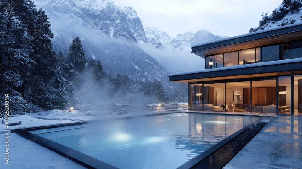 Fototapeta premium Modern architecture featuring a serene pool surrounded by snowy mountains and misty landscape.