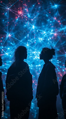 Silhouetted Team Connected by Network Dots on Abstract Background