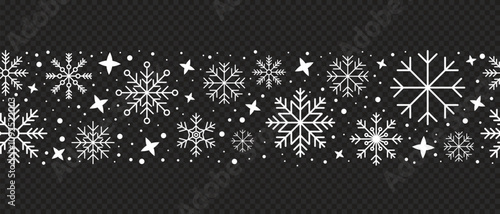 Abstract snowflake seamless border. Snowflakes seamless pattern. Snowfall repeat backdrop. Winter holidays theme. Seamless background with snowflakes. Vector illustration
