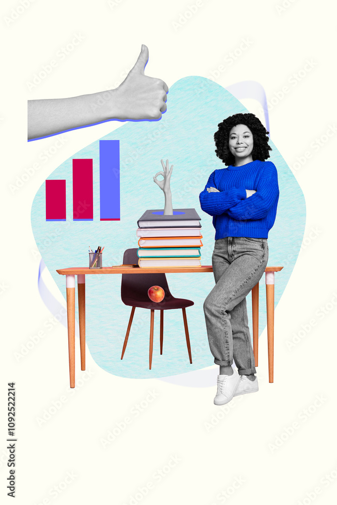 Poster sketch image artwork 3D photo collage of middle aged african race lady stand table pile book study hand gesture thumb like success Poster sketch image artwork 3D photo collage of middle aged african race lady stand table pile book study hand gesture thumb like success
