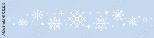 Abstract snowflake seamless border. Snowflakes seamless pattern. Snowfall repeat backdrop. Winter holidays theme. Seamless background with snowflakes. Vector illustration