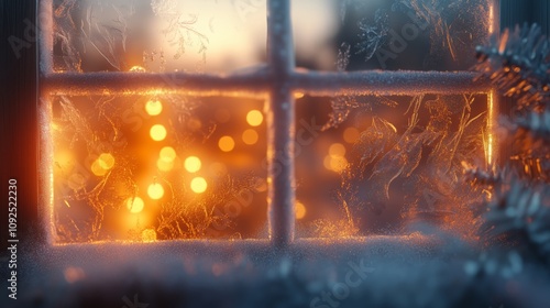 Cozy Winter View: Snowy Frosted Window and Golden Glow - made with Generative AI photo