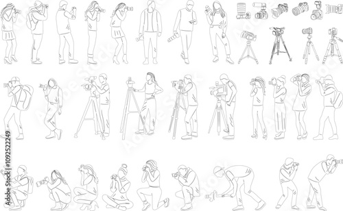 set of people with cameras sketch on white background, vector