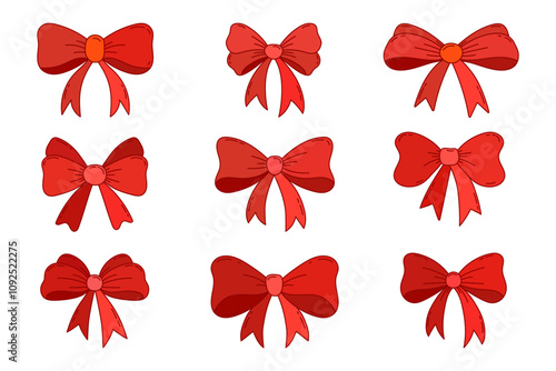 Red bow knots set isolated on white background. Hand draw bow coquette and ribbons set for gift wrapping, wedding, holiday, party design