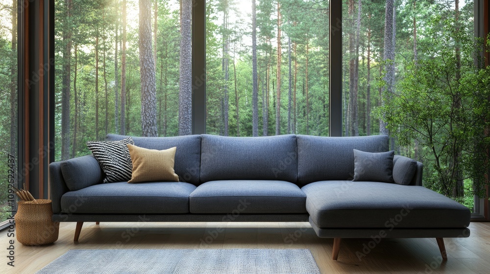 Fototapeta premium Grey corner sofa with cushions beside a large panoramic window, revealing a serene forest view in a contemporary Scandinavian living space.