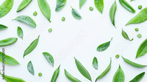 Fresh green flat beans and assorted green leaves arranged in a visually appealing pattern on a clean white background.