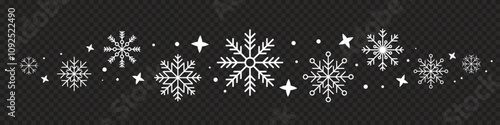 Abstract snowflake seamless border. Snowflakes seamless pattern. Snowfall repeat backdrop. Winter holidays theme. Seamless background with snowflakes. Vector illustration