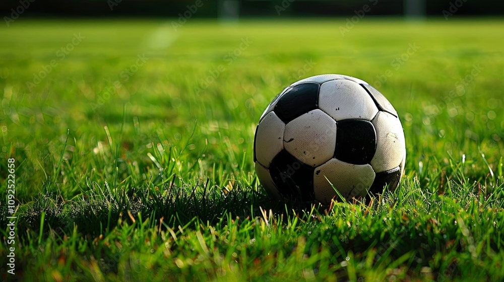 Fototapeta premium A classic black and white soccer ball sits on a green field, ready for the game.