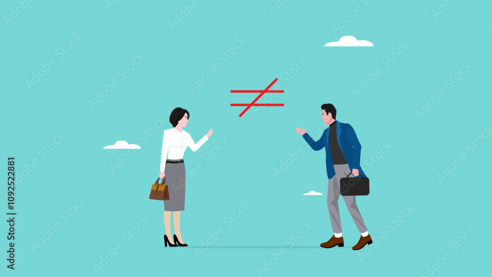 different opinion, fighting discussion, disagreement or fight, conflict or argument in meeting discussion debate, businessman and woman argue to defend their respective opinions with not equal sign different opinion, fighting discussion, disagreement or fight, conflict or argument in meeting discussion debate, businessman and woman argue to defend their respective opinions with not equal sign