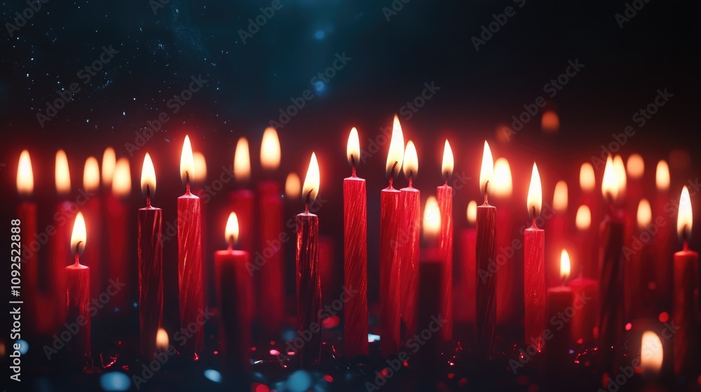 Array of fifty vibrant red birthday candles lit against a contrasting dark background, creating a warm and festive atmosphere. Array of fifty vibrant red birthday candles lit against a contrasting dark background, creating a warm and festive atmosphere.