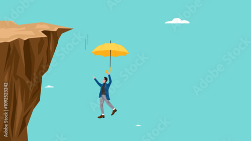 insurance, health or life insurance, guarantee or personal protection from the dangers of accident or disease, businessman survived using an insurance umbrella when he fell from a cliff