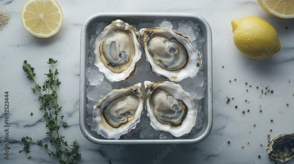 Fresh raw oysters presented on ice with lemon slices and herbs, viewed from above, highlighting their natural colors and textures. Fresh raw oysters presented on ice with lemon slices and herbs, viewed from above, highlighting their natural colors and textures.