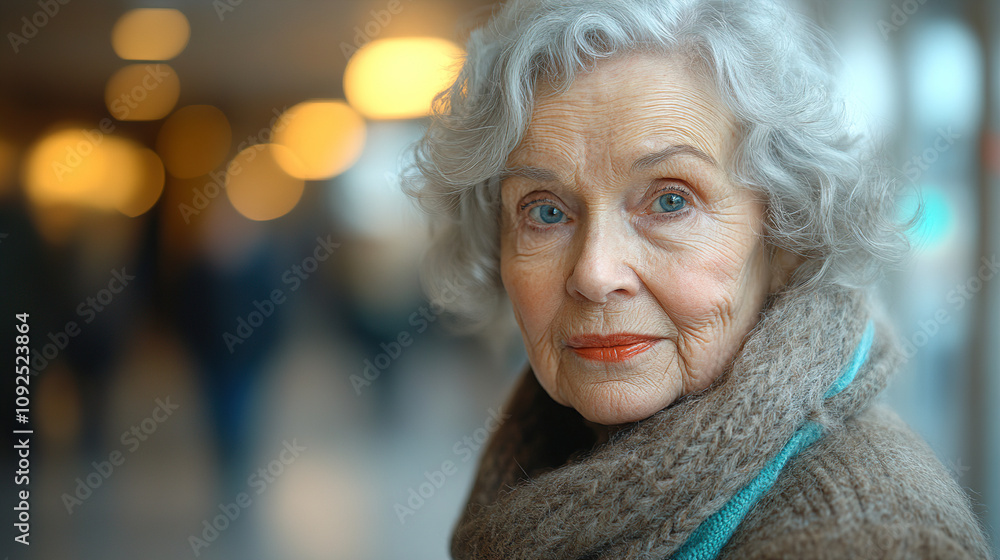 Elderly woman with silver hair and blue eyes, wearing a cozy sweater, gazes thoughtfully in a bustling indoor location. Generative AI Elderly woman with silver hair and blue eyes, wearing a cozy sweater, gazes thoughtfully in a bustling indoor location. Generative AI