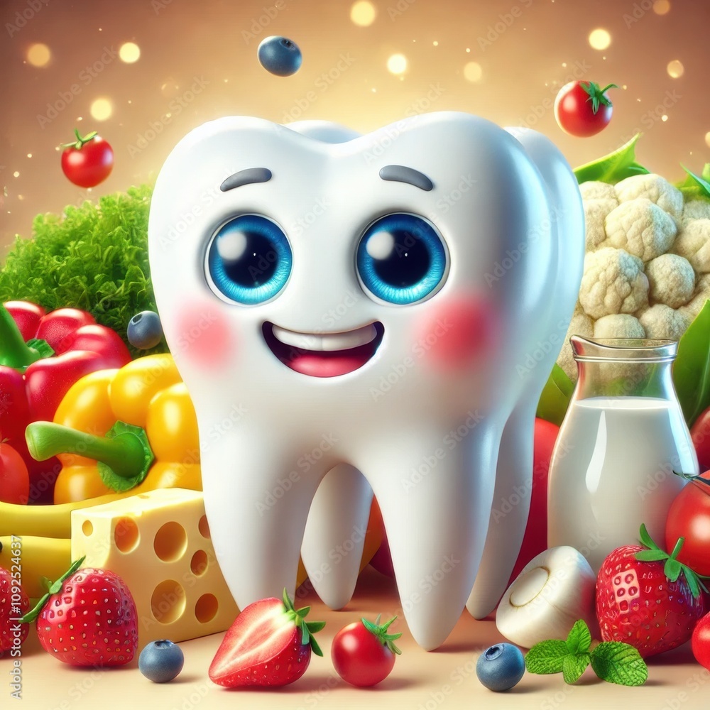 Fototapeta premium Playful tooth character surrounded by healthy foods, promoting dental health and nutrition for children in a fun and engaging way.