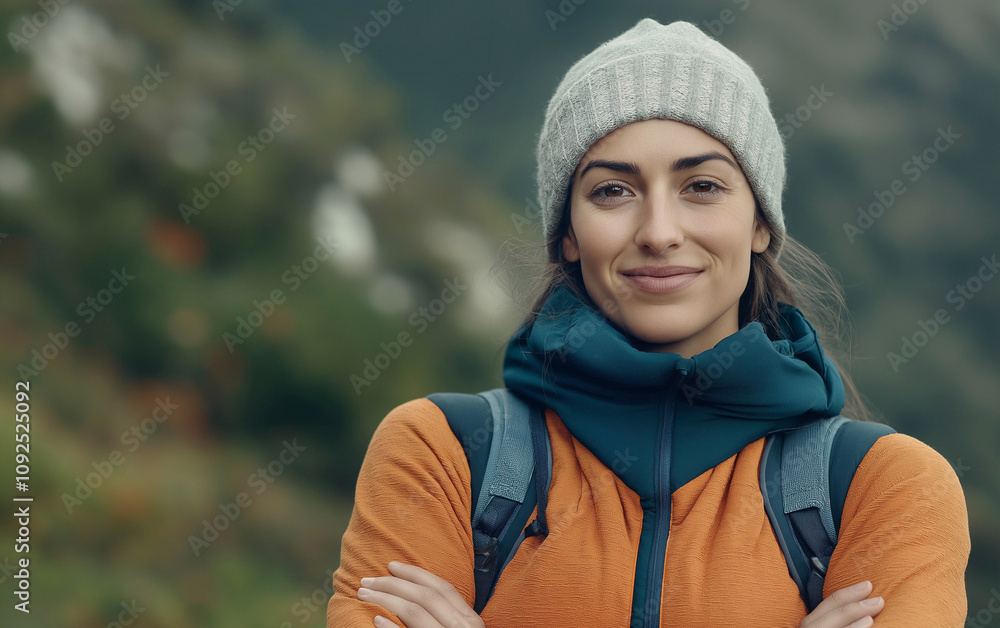 A young female climber of European appearance stands against the backdrop of the mountains. Mountain sport, mountaineering concept. Advertising banner. A young female climber of European appearance stands against the backdrop of the mountains. Mountain sport, mountaineering concept. Advertising banner.