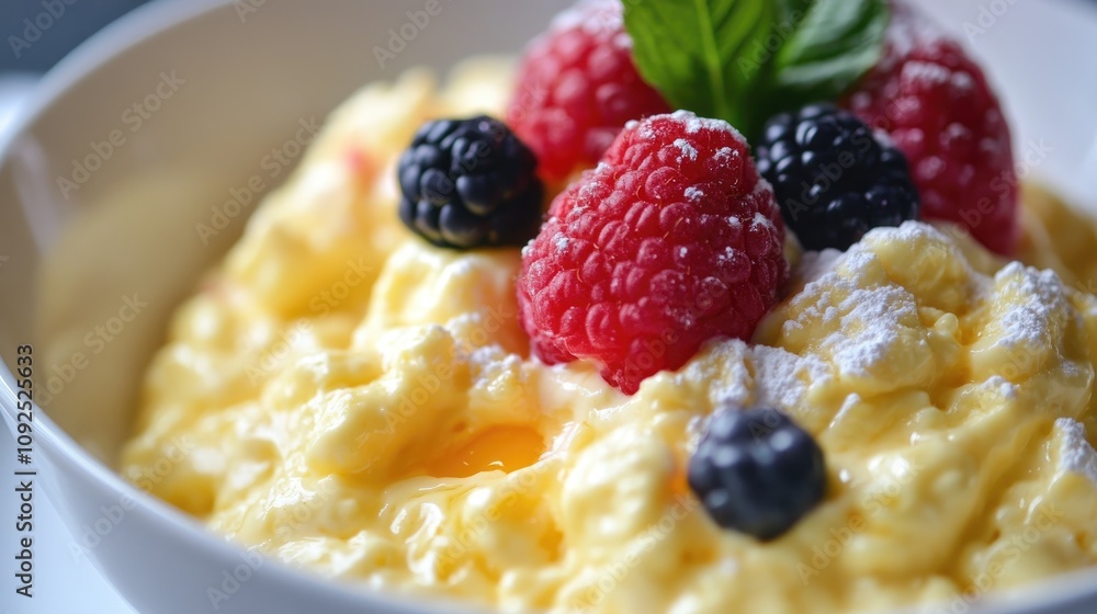 Creamy dessert mimicking scrambled eggs, topped with vibrant raspberries, blackberries, and fresh mint leaves. Perfect for a sweet treat. Creamy dessert mimicking scrambled eggs, topped with vibrant raspberries, blackberries, and fresh mint leaves. Perfect for a sweet treat.