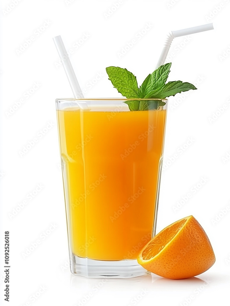 Photo of a refreshing glass of orange juice with mint leaves and sliced oranges Photo of a refreshing glass of orange juice with mint leaves and sliced oranges