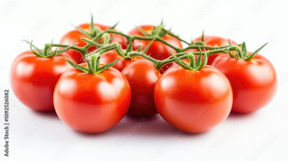 Organic Red Tomatoes Clustered on a White Background with Vibrant Green Stems and Leaves Showcasing Freshness and Juiciness Organic Red Tomatoes Clustered on a White Background with Vibrant Green Stems and Leaves Showcasing Freshness and Juiciness