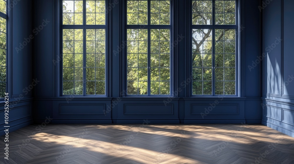 Fototapeta premium Spacious dark blue living room with large windows, parquet flooring, and ample wall space for poster mockups, flooded with natural light.